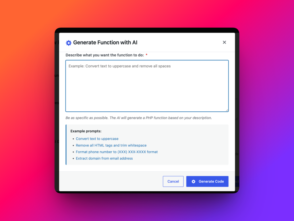 AI generator creating transformation functions from plain-English instructions