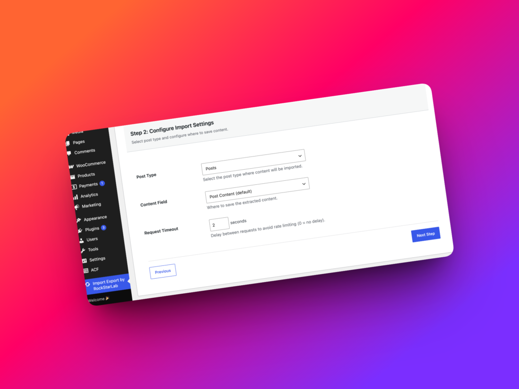 AI URL Importer Step 2 screen with URL input fields