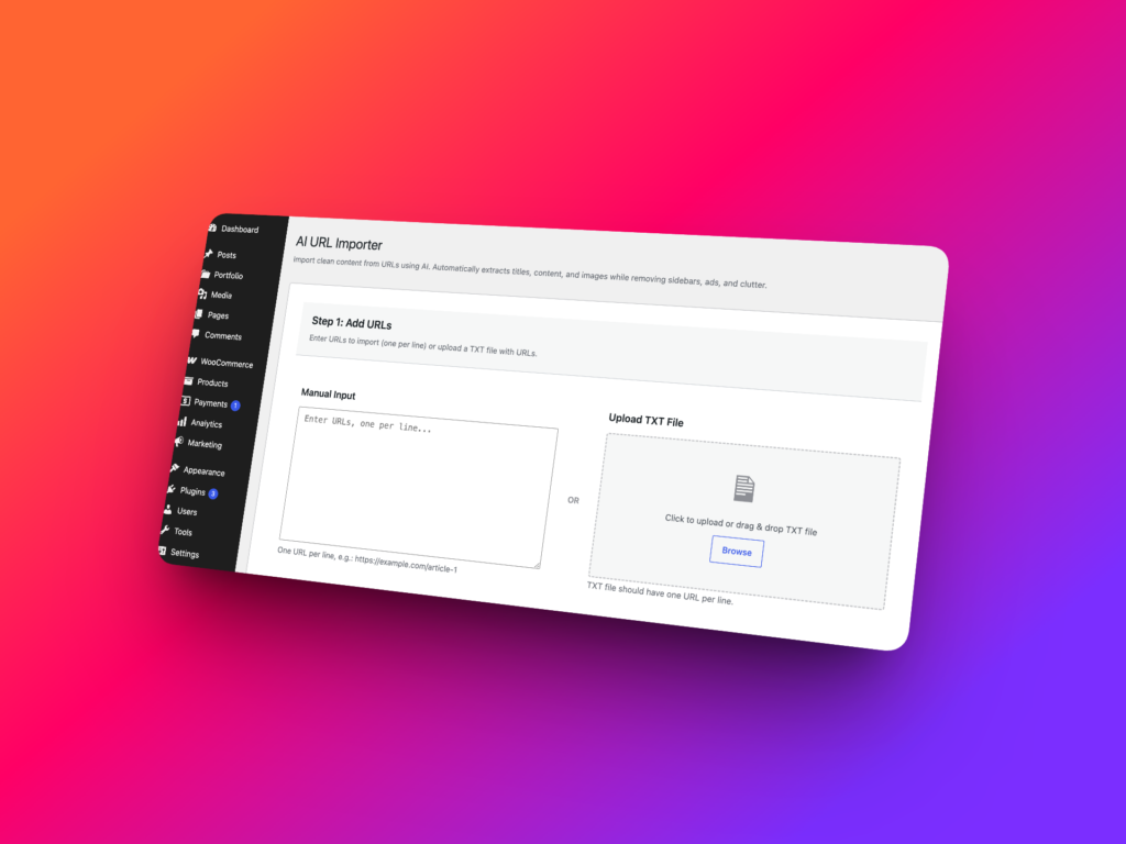WP Import Export AI URL Importer screen with URL input and content generation options