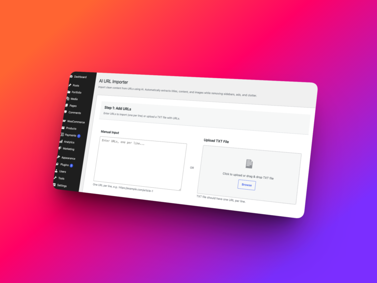 WP Import Export AI URL Importer screen with URL input and content generation options