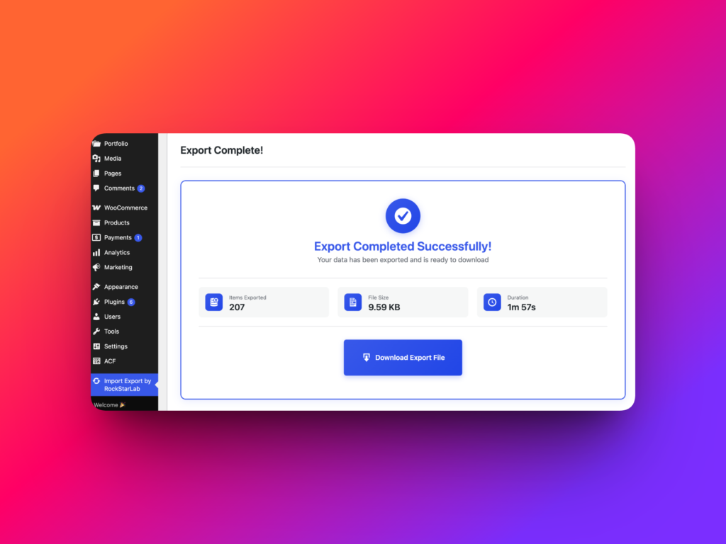 Completed WP Import Export URL export job with download button