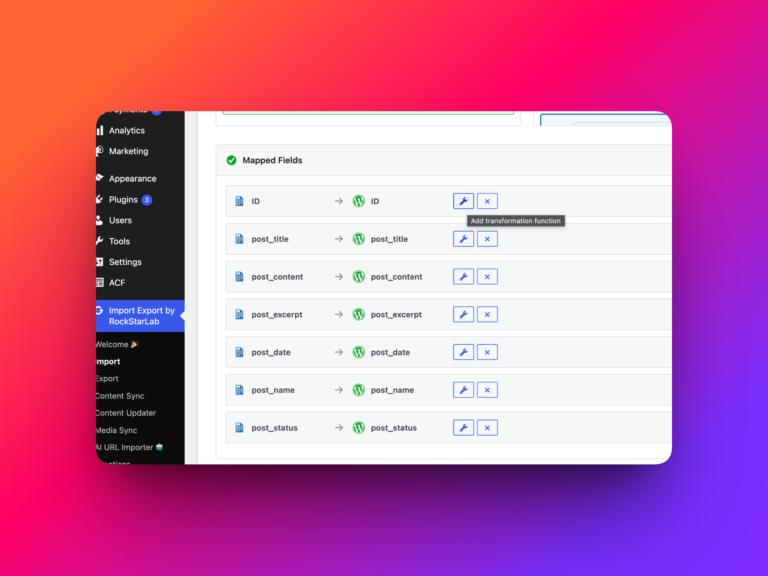 WP Import Export import field mapping screen with function assignment options