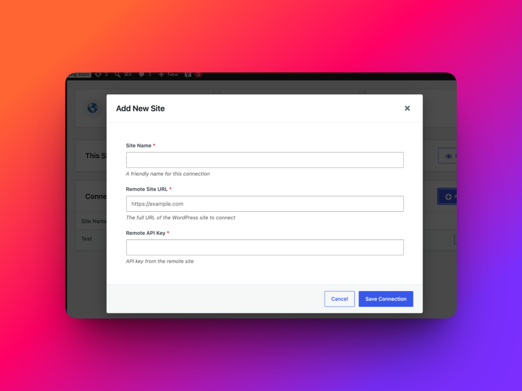Content Sync Add new site dialog with site name site URL and API key fields