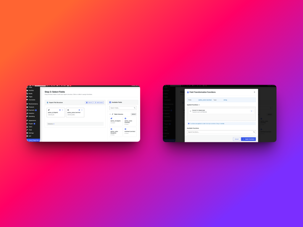 WP Import Export export workflow Step 3 with column selection and transformation function options