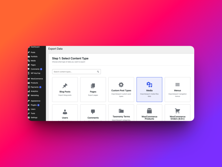 WP Import Export Step 1 with Media selected as the content type