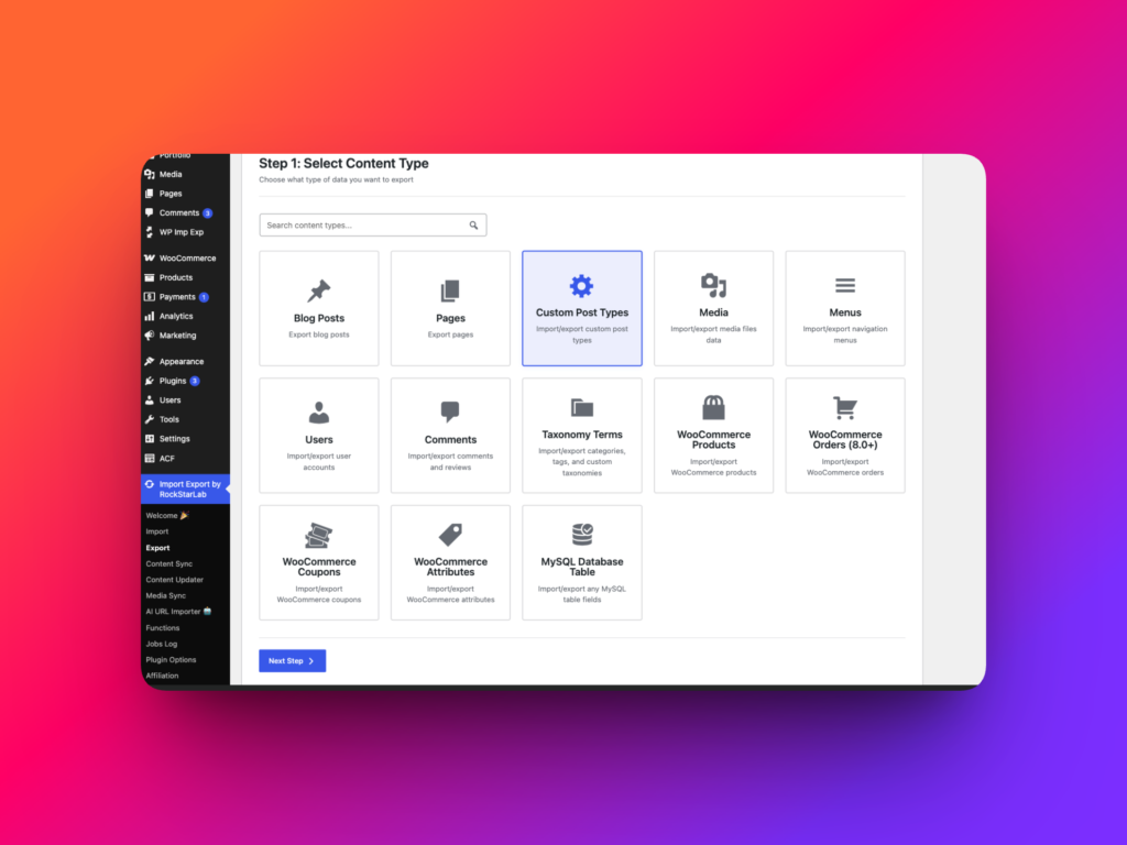 WP Import Export Step 1 with Posts Pages and Custom Post Types options