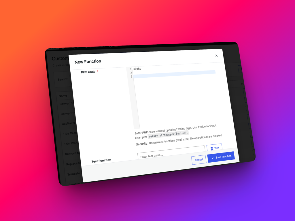 Testing transformation functions with sample input and transformed output in WP Import Export