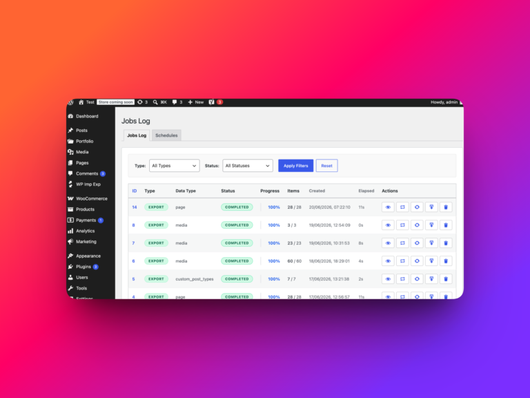 WP Import Export Jobs Log showing saved jobs, statuses, progress, and actions