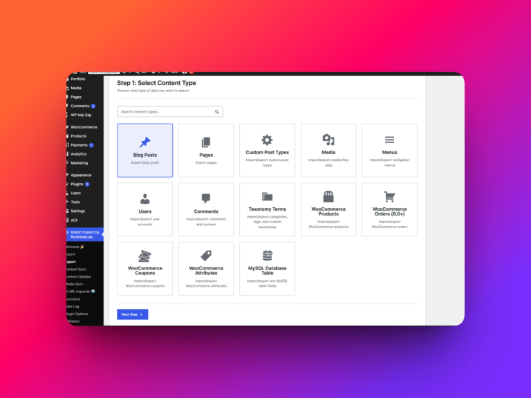 WP Import Export export screen with posts pages and custom post types options