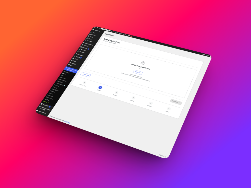 WP Import Export CSV upload screen with delimiter selection