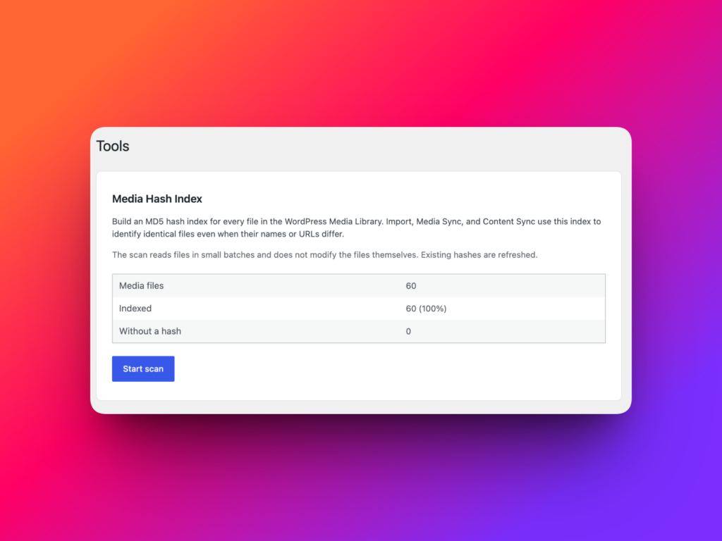 WP Import Export Tools page showing Media Hash Index statistics and Start scan button