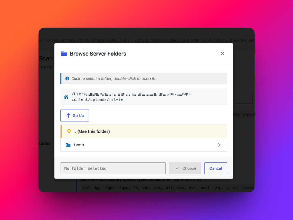 Media Sync Scan Server Folder step with Browse button and folder path field
