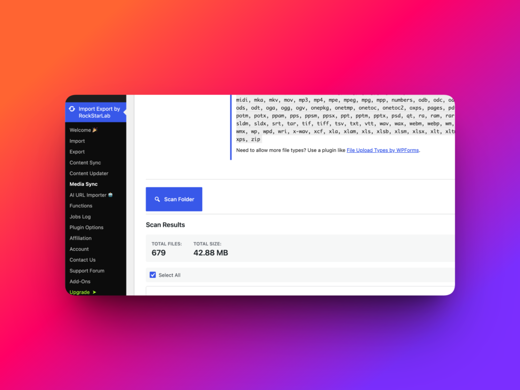 WordPress admin menu with Import Export Media Sync selected