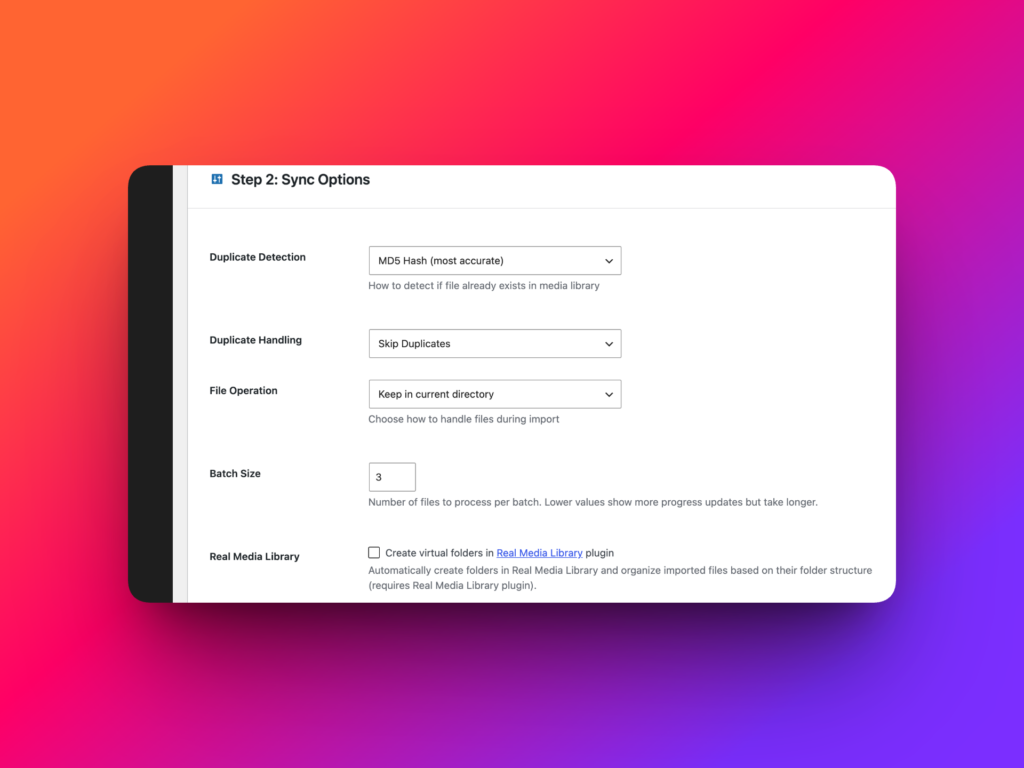Media Sync Step 2 Sync Options screen with duplicate and batch settings