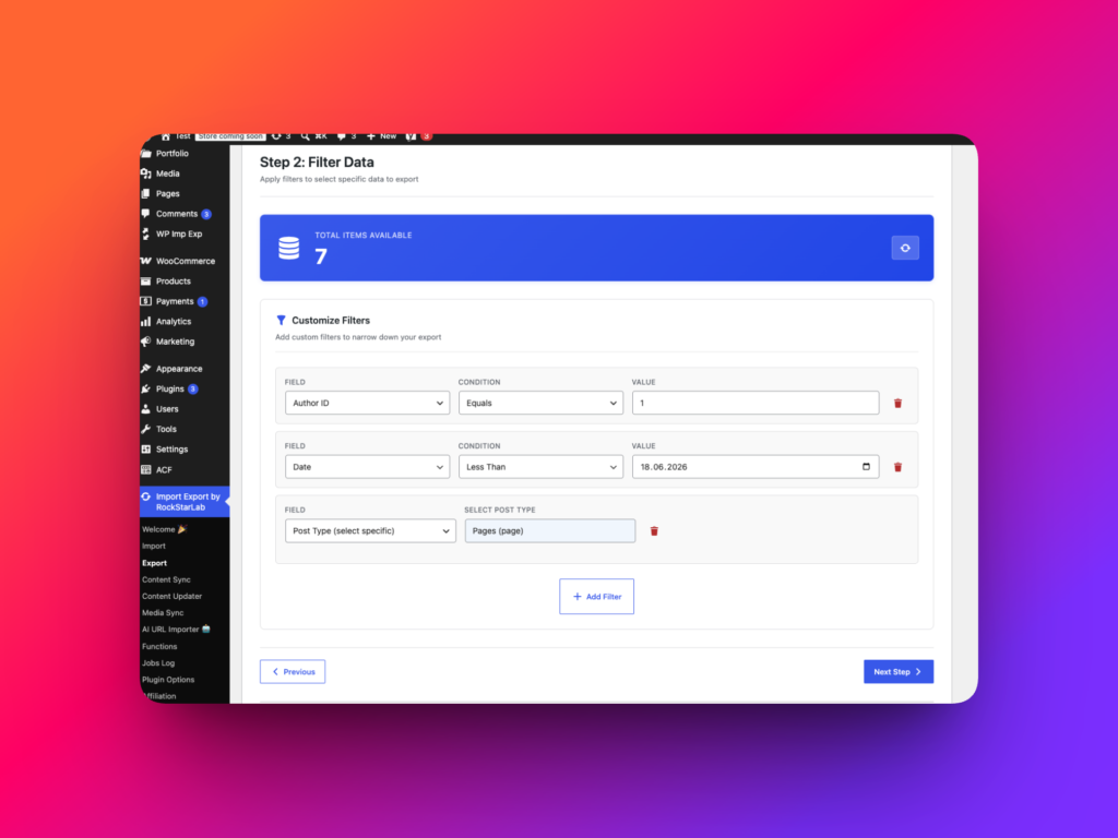 WP Import Export Step 2 filter screen for posts pages or custom post types