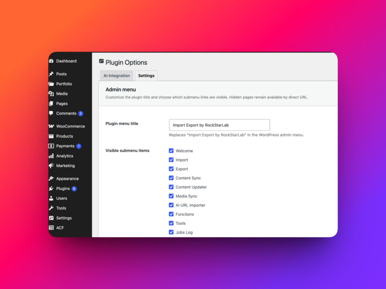 WP Import Export plugin settings page for changing plugin name and menu visibility