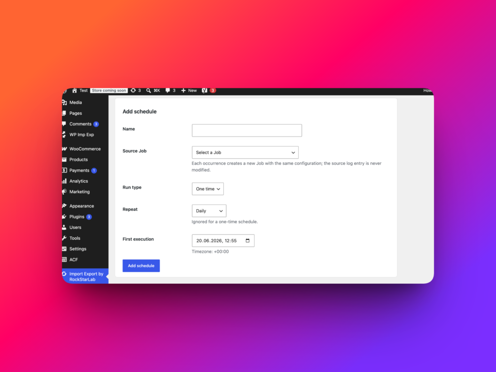 WP Import Export Schedules page in the WordPress admin menu