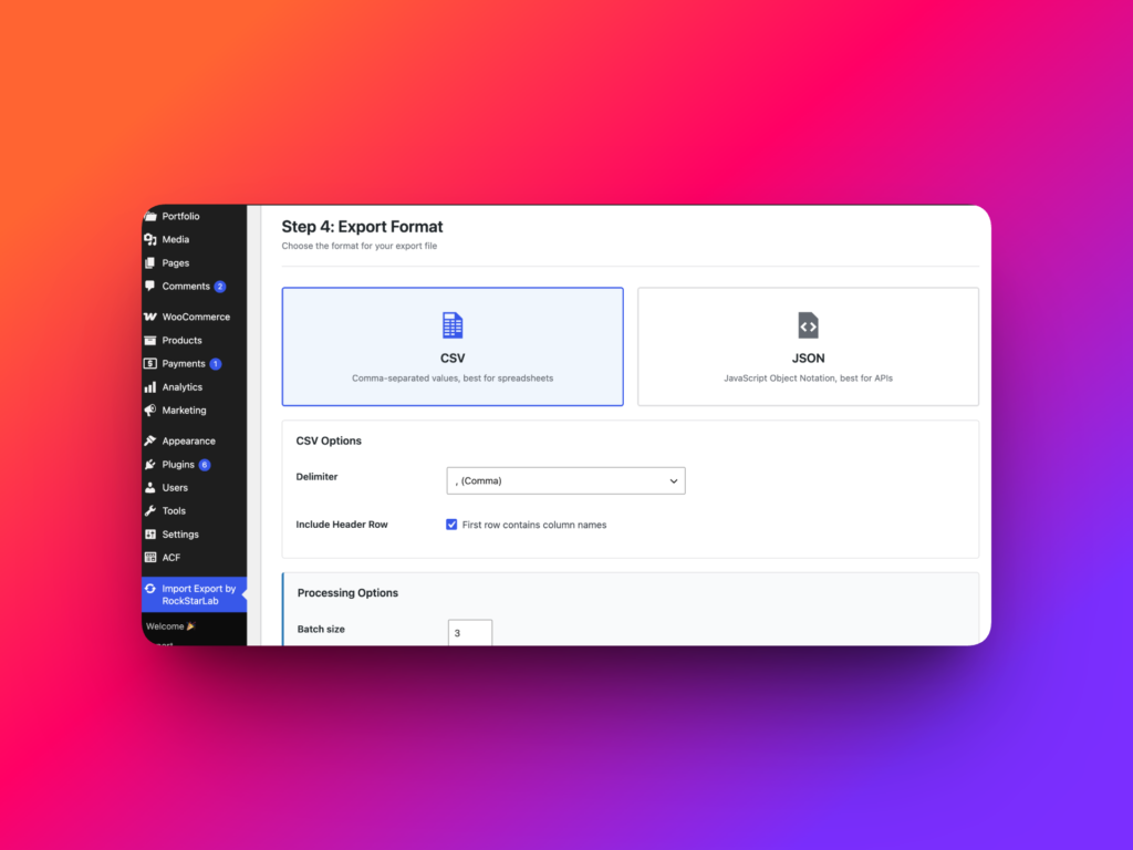 WP Import Export URL export options screen with CSV and JSON format choices