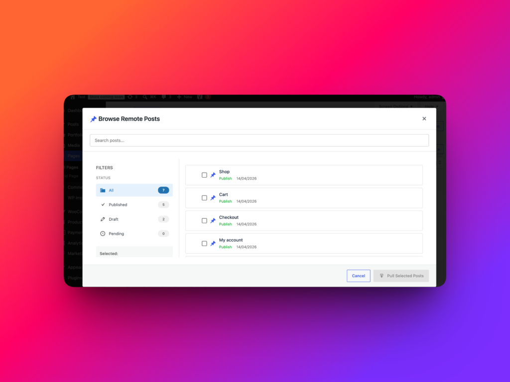 Content Sync Browse remote posts dialog with selectable remote posts