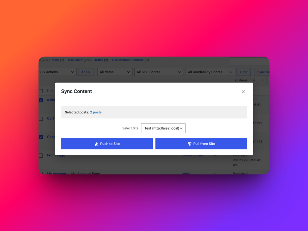 Content Sync dialog showing Push to site and Pull to site buttons