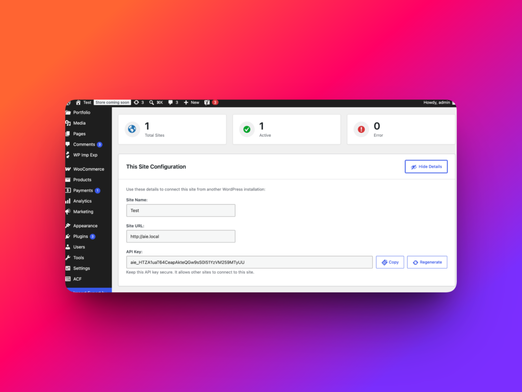 Content Sync This Site Configuration panel showing API key details