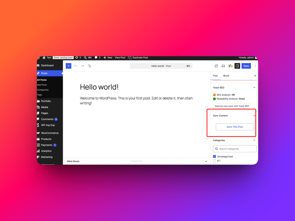 WordPress post editor sidebar with Sync this post button