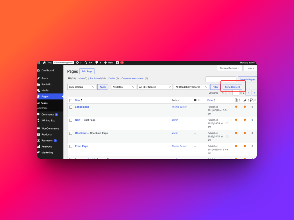 WordPress posts list screen with WP Import Export Sync Content button
