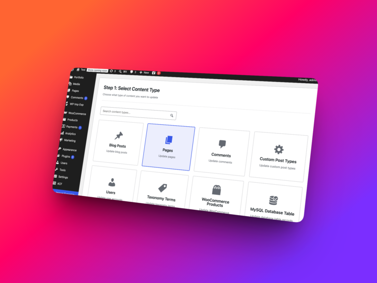 WP Import Export Content Updater screen with content type selection