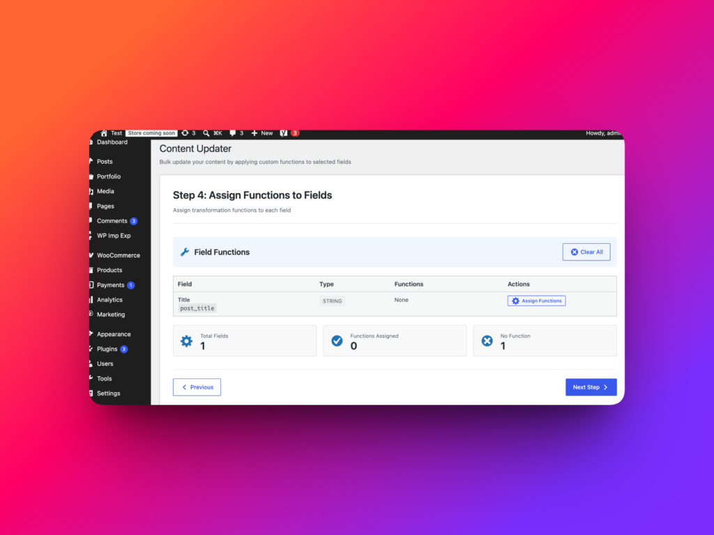 Content Updater Step 4 Assign Functions to Fields screen with uppercase title function