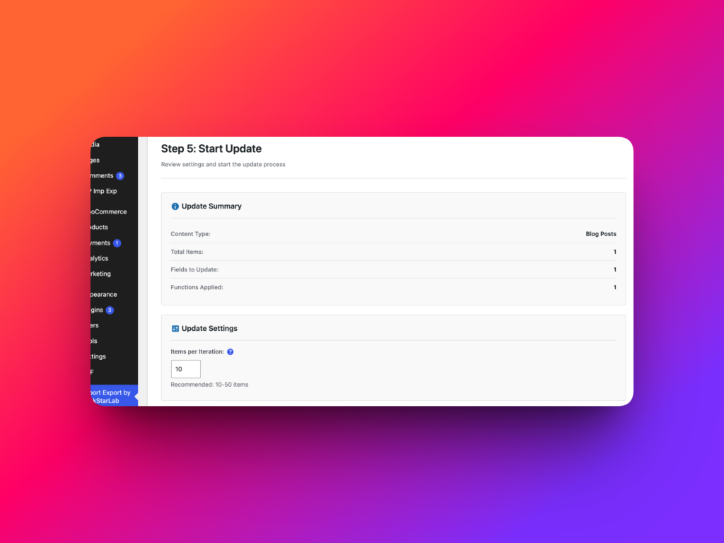Content Updater Step 5 with Items per Iteration and Start update button
