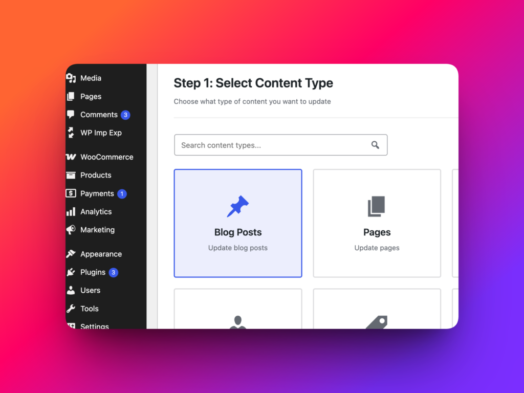 WP Import Export Content Updater Step 1 with Posts selected as content type
