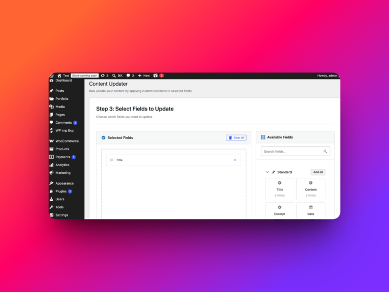 Content Updater Step 3 Select Fields to Update screen with Post title selected