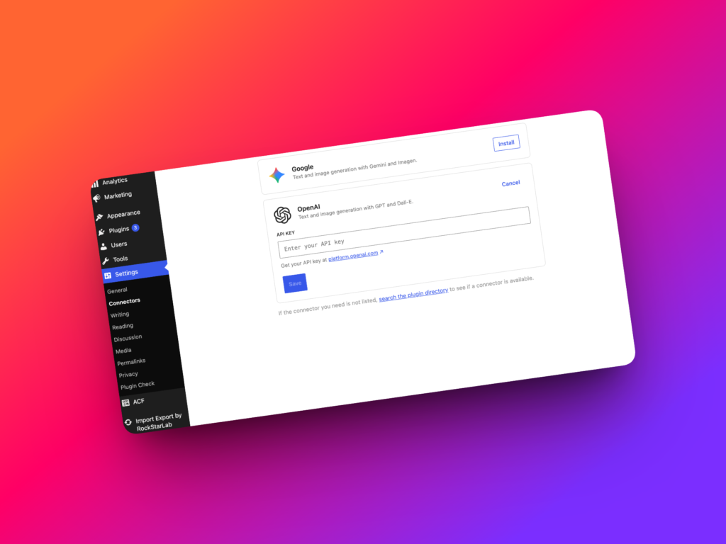WP Options Connectors screen with OpenAI API key settings