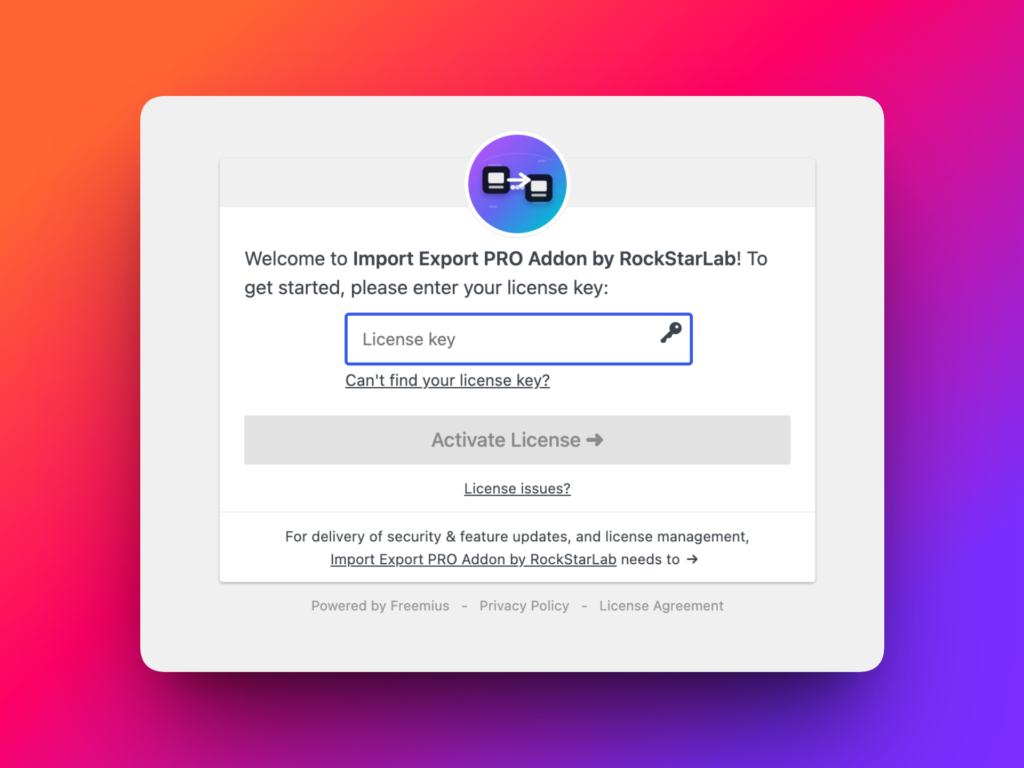 Activate Import Export by RockStarLab PRO license key in WordPress