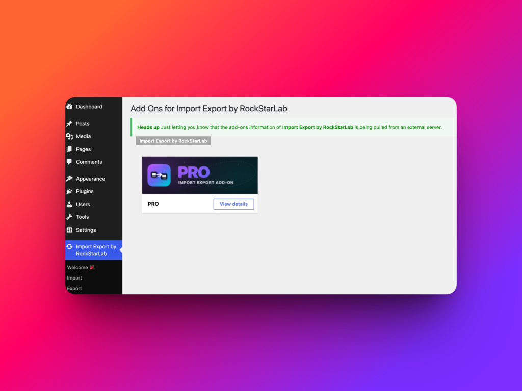 Import Export by RockStarLab Add-Ons screen in WordPress admin