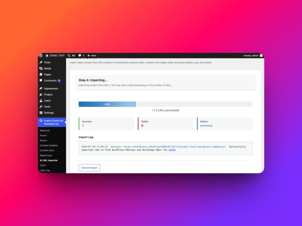 Bulk URL import progress in WordPress