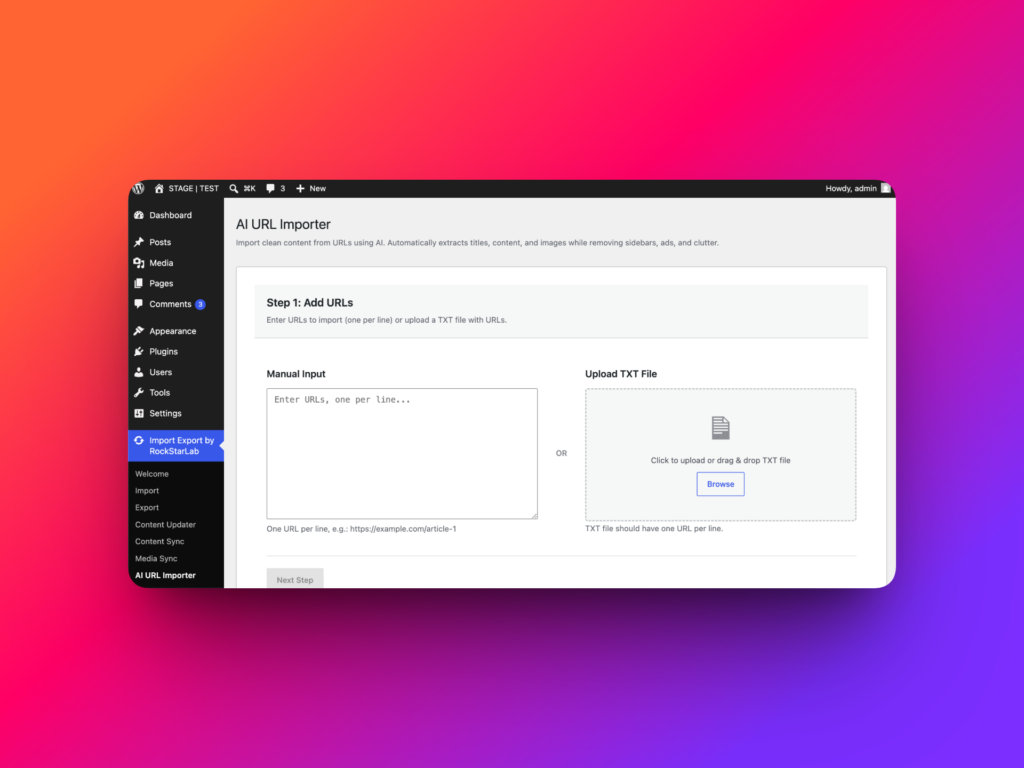 AI URL Importer screen in WordPress admin