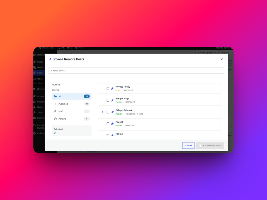 Pull selected WordPress page from staging site to production site using Content Sync