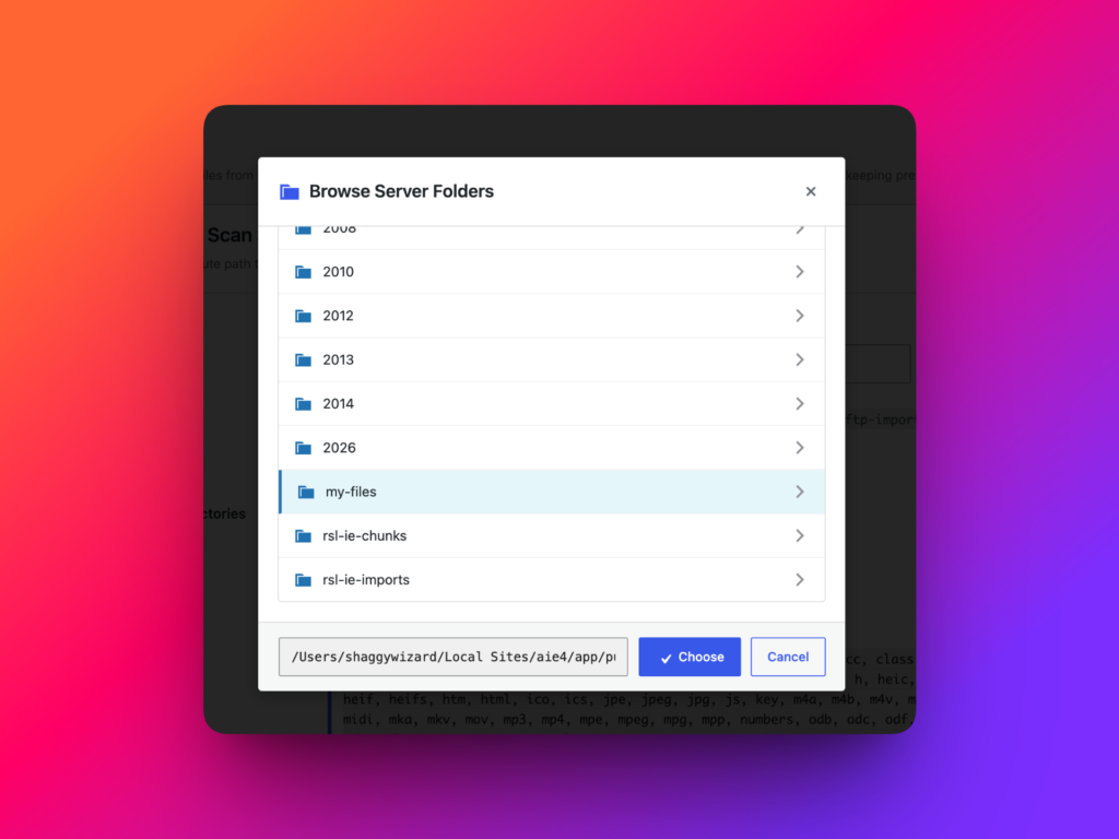 Media Sync folder browser selecting a folder in wp-content uploads