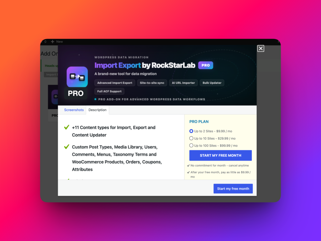 Import Export by RockStarLab PRO Addon plan selection modal