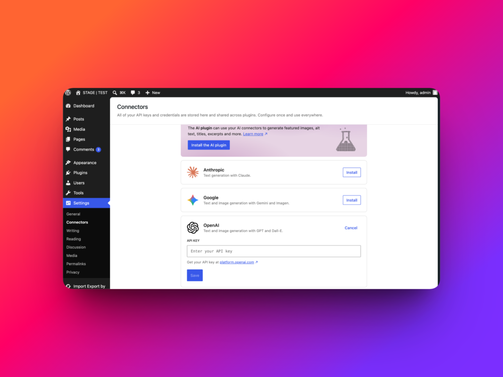 OpenAI connector settings in WordPress