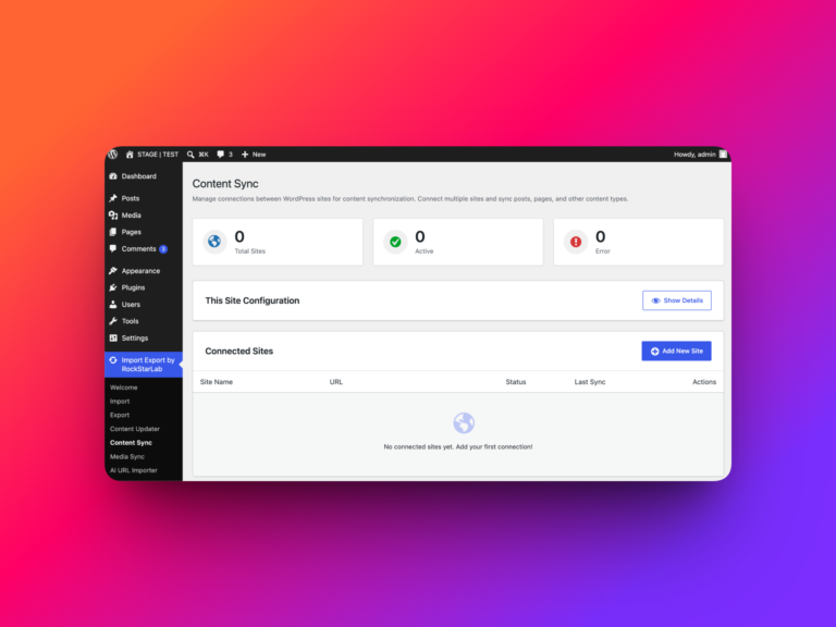 WordPress Content Sync screen in Import Export by RockStarLab plugin