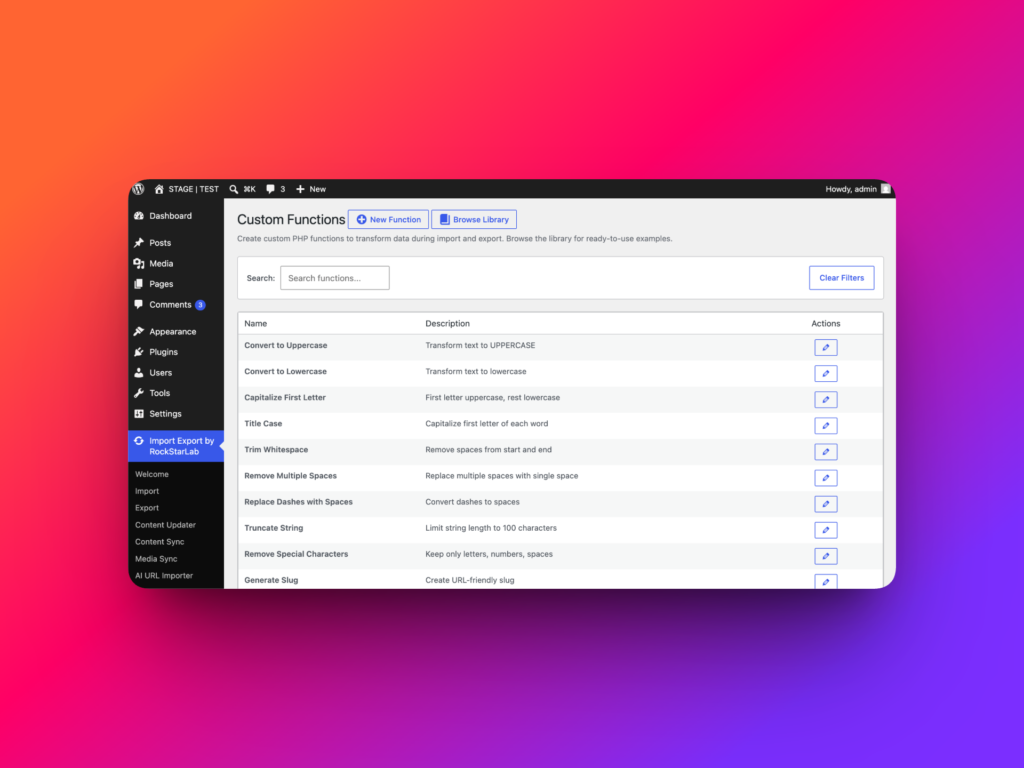 Custom Functions screen in WordPress import export plugin