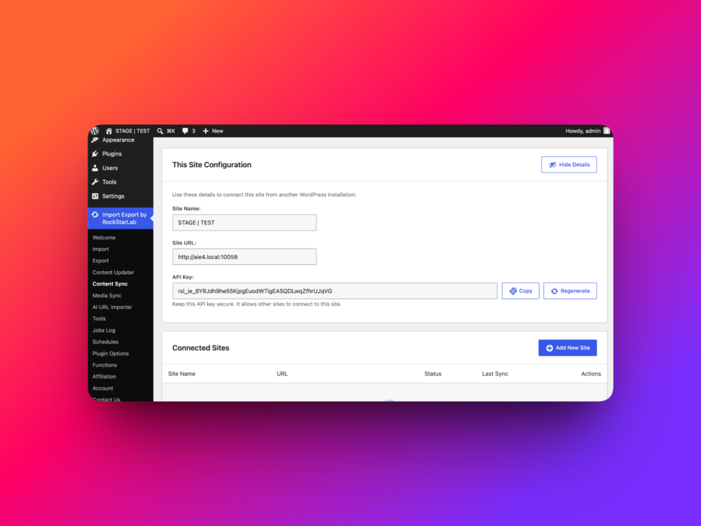 WordPress content sync connection settings with remote site URL and API key