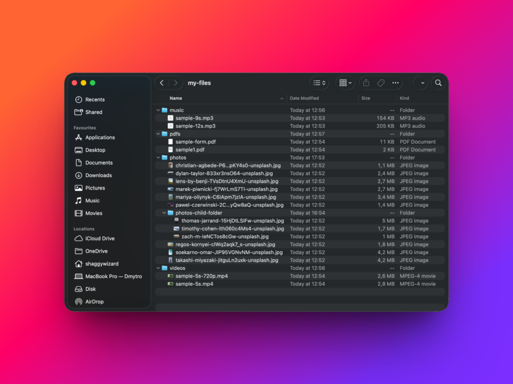 Folder with images PDFs MP3 files and videos uploaded to WordPress uploads directory