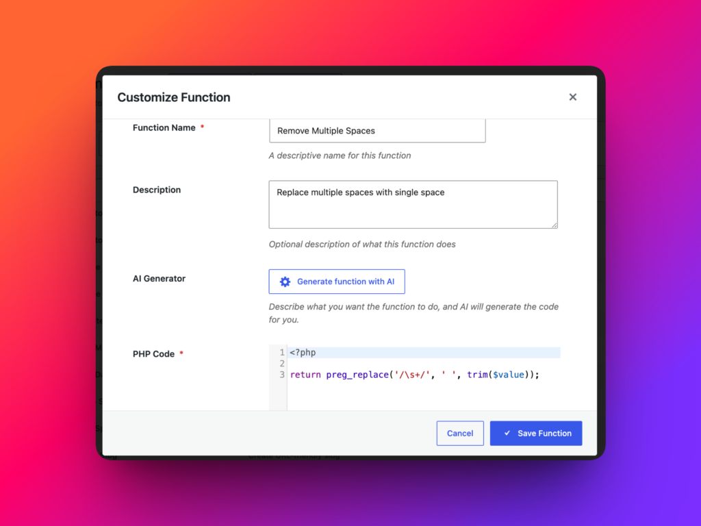 Edit custom transformation function in WordPress