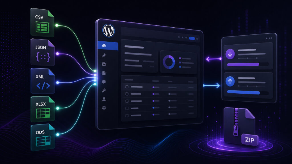 Illustration of CSV JSON XML XLSX and ODS files connected to a WordPress website