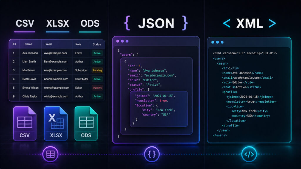Comparison illustration showing CSV table data JSON objects and XML tags