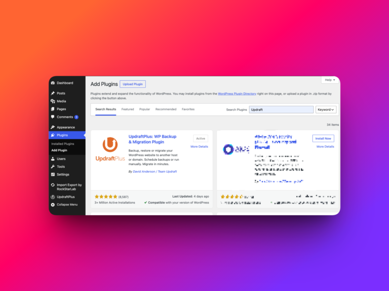 Install UpdraftPlus Backup Restore plugin in WordPress