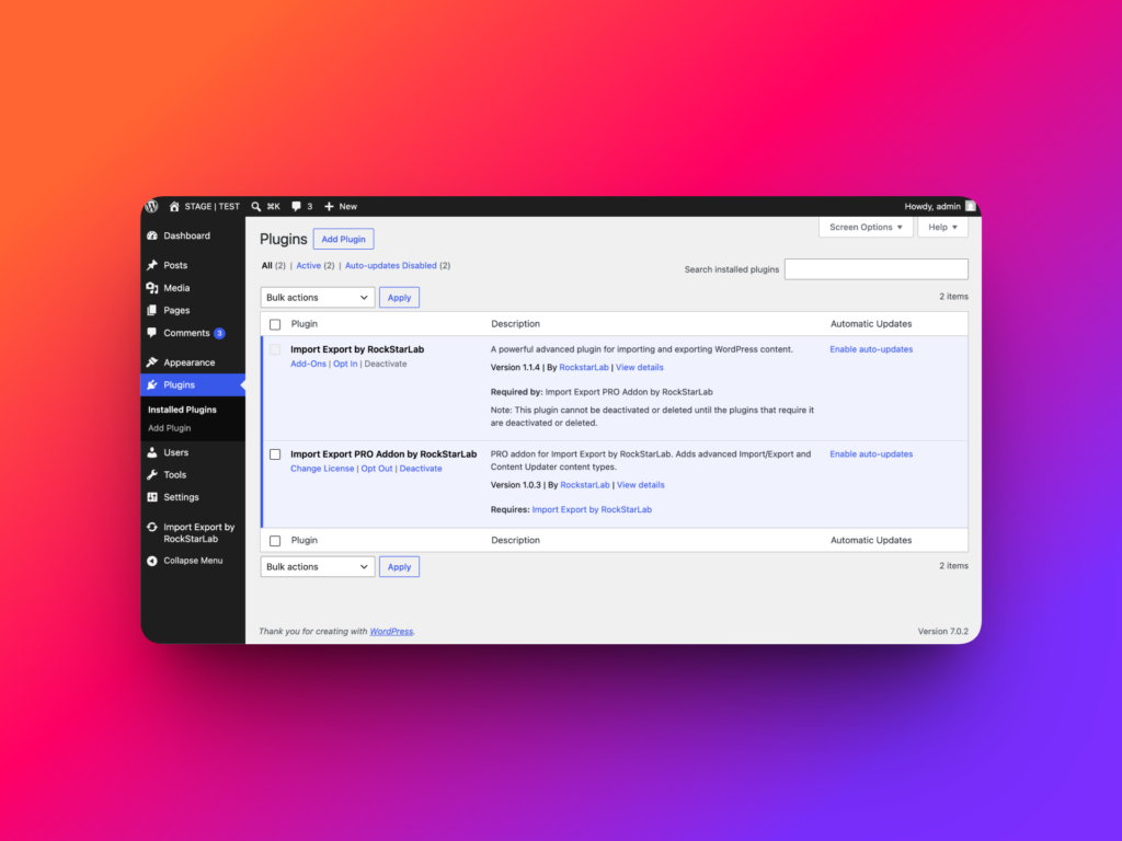 Import Export by RockStarLab WordPress plugin installed on staging and production websites